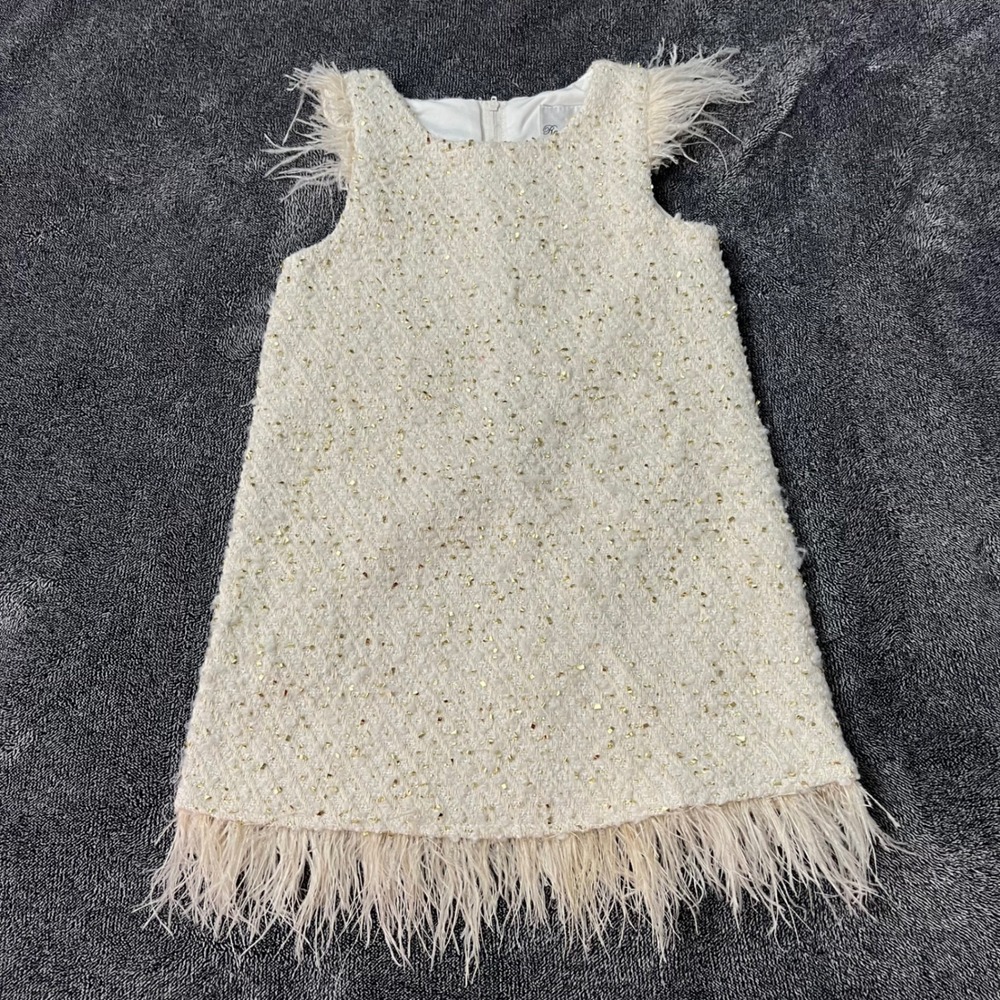 Rare Editions Girls Cream Gold Tweed Ostrich Feather Trim Dress Glam Boho 5